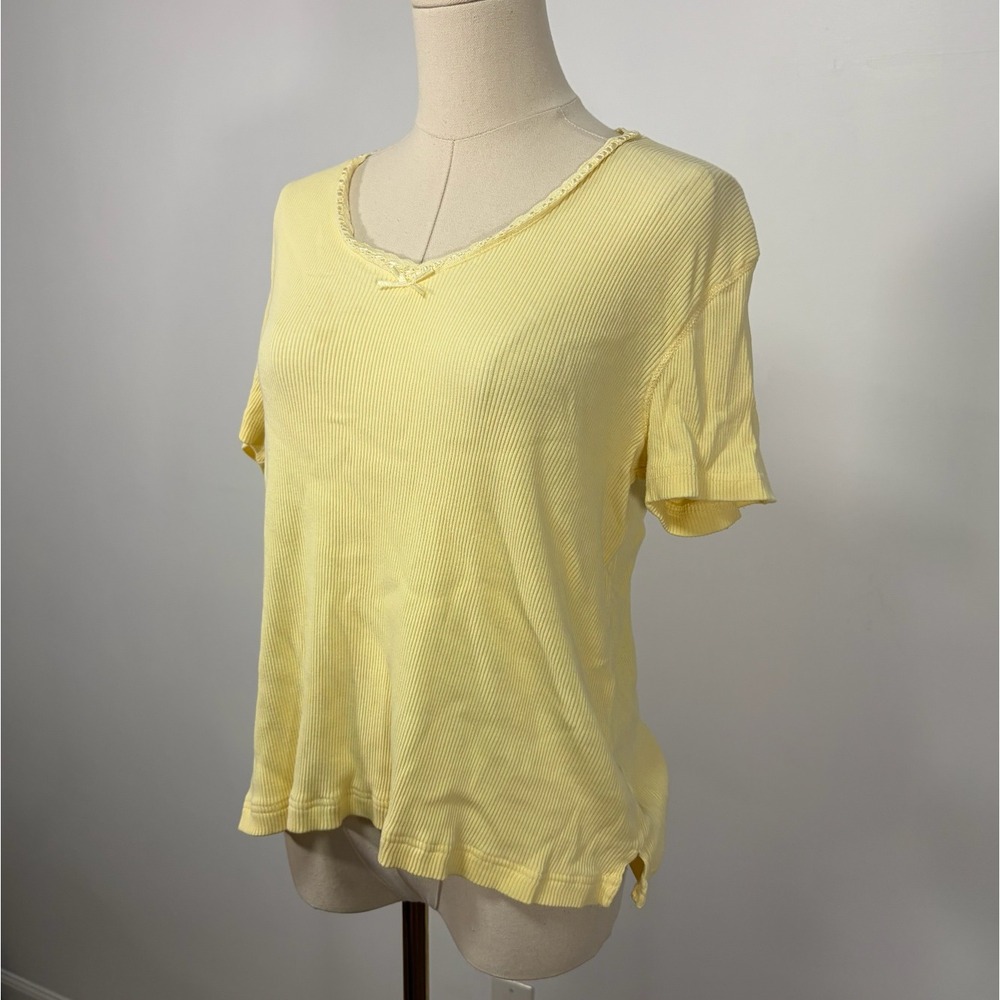 Vintage Y2K Gloria Vanderbilt Pastel Butter Yellow Ribbed Lace Trim Top XL - Picture 2 of 8